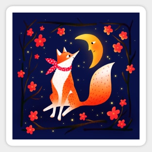 Cute fox, crescent moon and flowers, version 2 Sticker